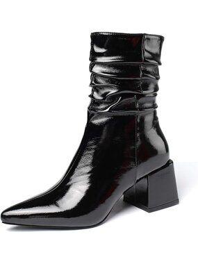 Women's Black Leather Mid Calf Boots Chunky Block Heel Pointed Toe Ankle Boot